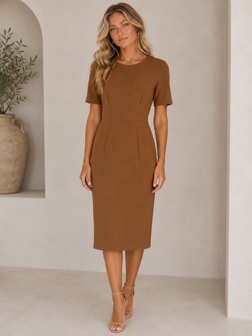 Les Copains Women's Camel Brown Short-Sleeve Midi Dress 54924